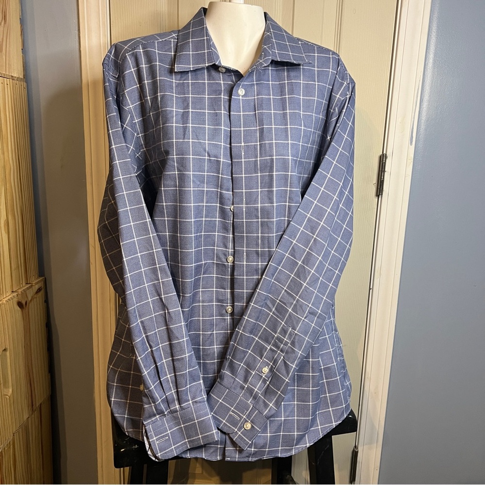 Egara Woven Dress Shirt Adult Large Blue Check Long Sleeve Button Up Cotton Mens